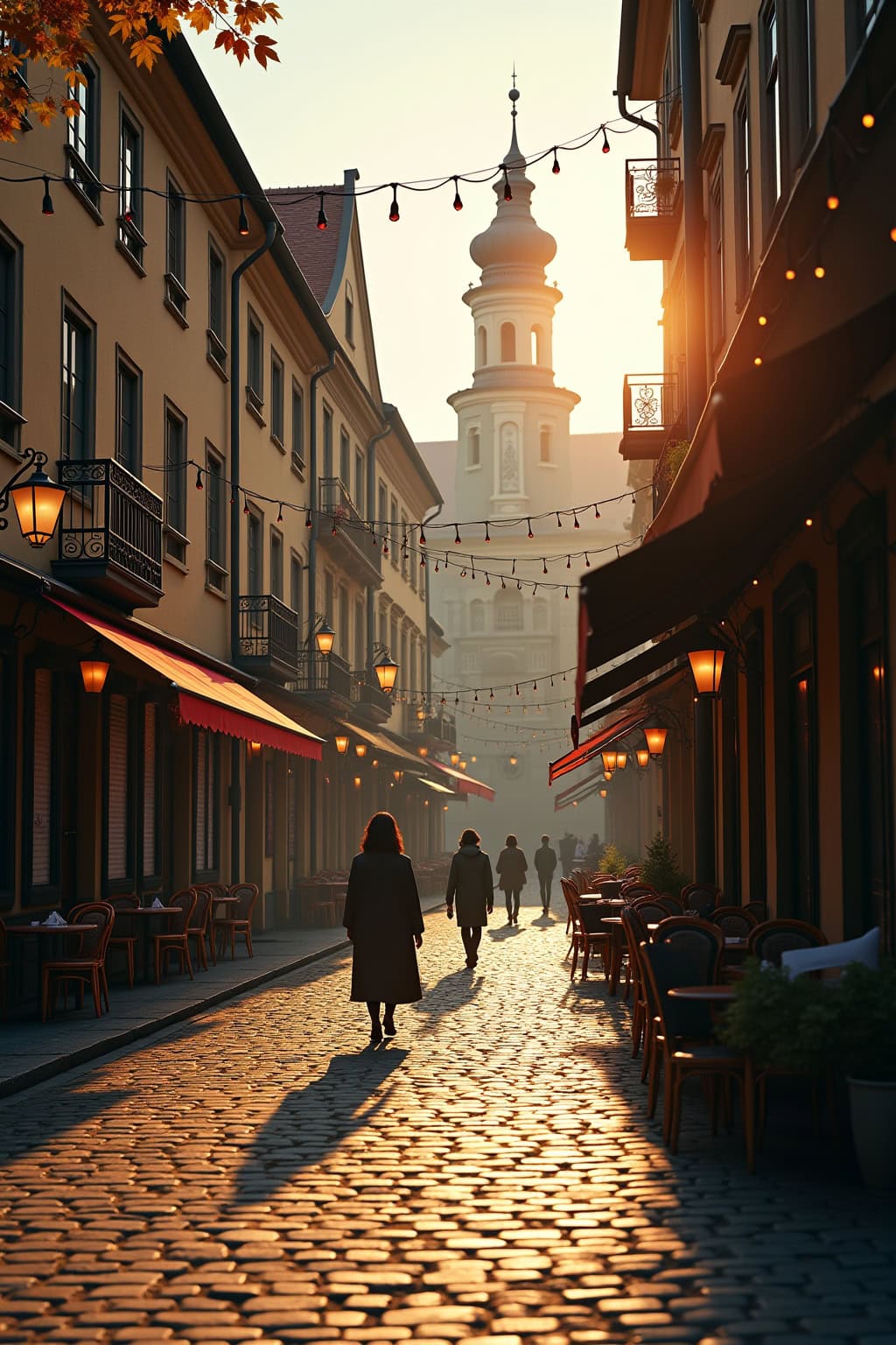 Altstadtansicht mit Kirche, abendliche Atmosphäre, charmantes Einkaufserlebnis, historische Bedeutung, Sonnenuntergang, gemütliche Cafés.