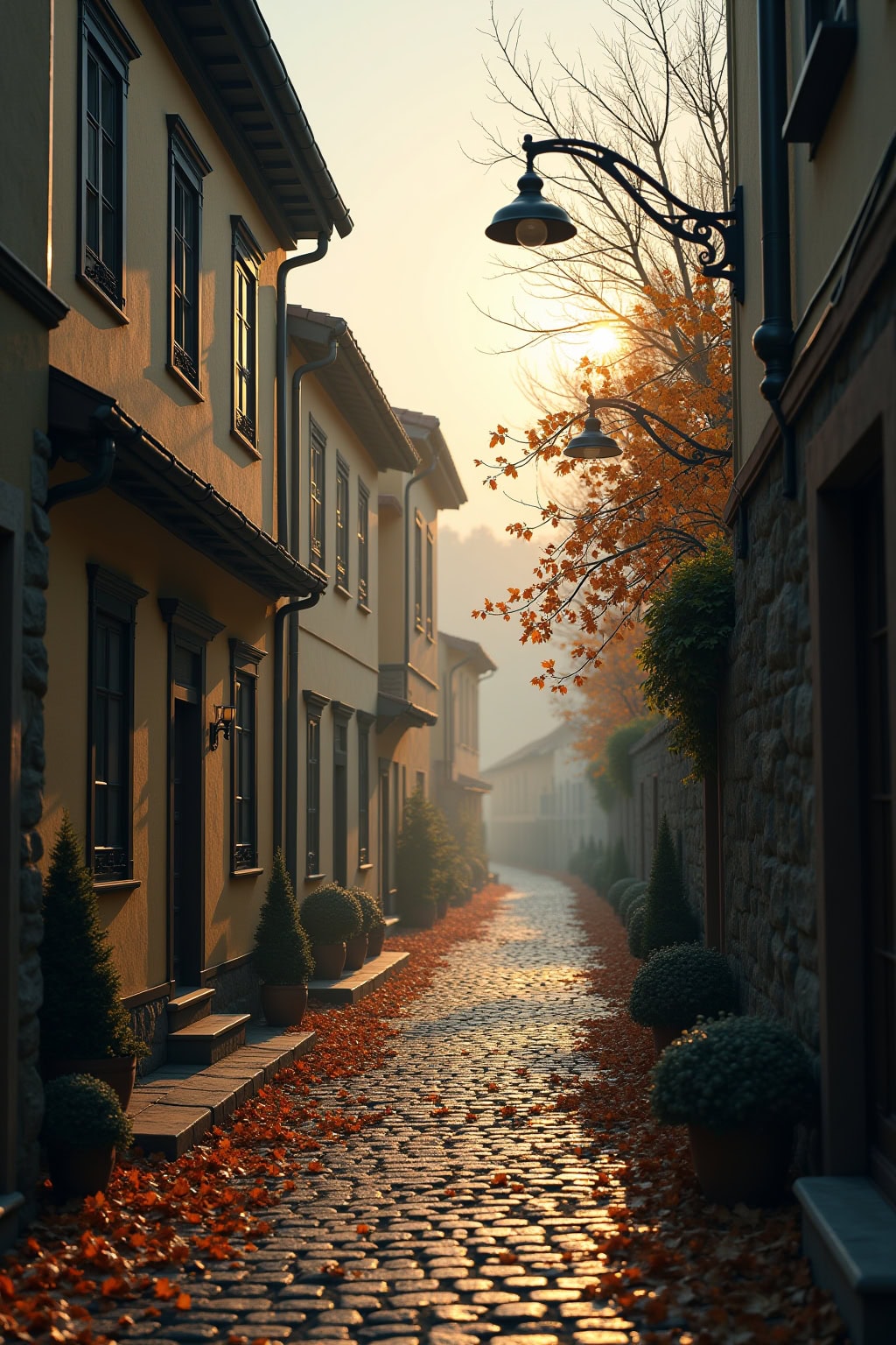 Häuser im Sonnenuntergang in der Altstadt mit Kirche, Herbst, bekannt für charmante Stadtansichten.