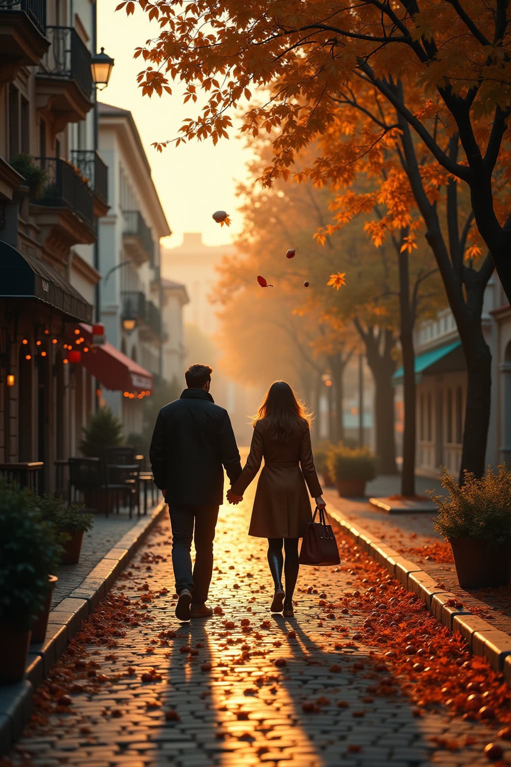 Romantischer Spaziergang in der Altstadt bei herbstlichem Sonnenuntergang, mit fallenden Blättern, gemütliche Atmosphäre.