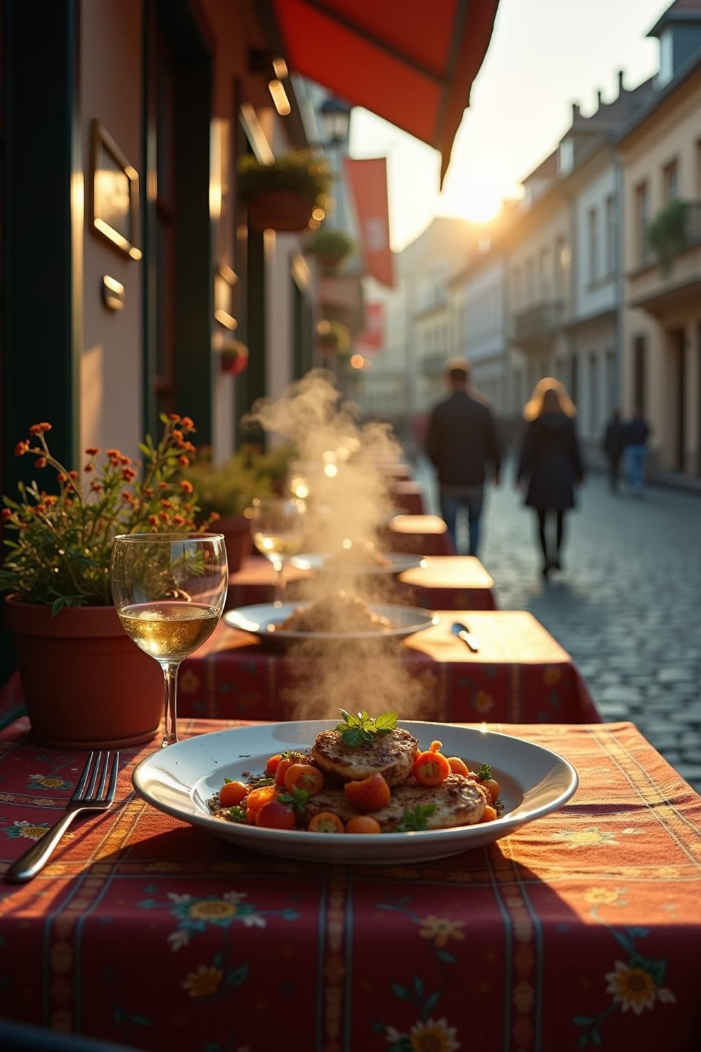 Bilder von einer historischen Altstadt mit Kirche, belebter Straßenszene, Sonnenuntergang, und Terrassencafé im Vordergrund.