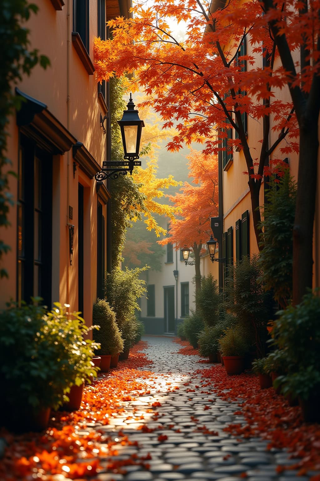 Hell erleuchtete Gasse mit roten Herbstblättern, alten Laternen und charmanten Gebäuden. Perfekt für romantische Spaziergänge in der Altstadt.