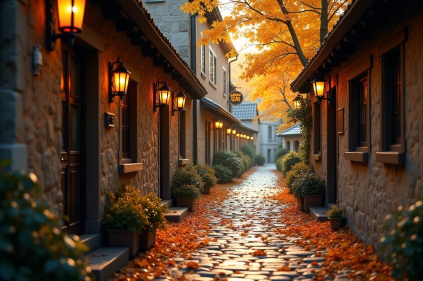 Gemütliche Altstadtgasse im Herbst mit historischen Häusern und warmem Laternenlicht.