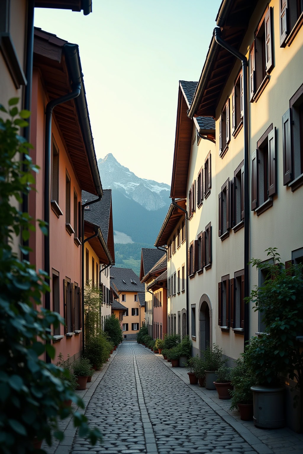 Gemütliche Altstadt mit traditioneller Kirche und malerischer Bergkulisse im Hintergrund.