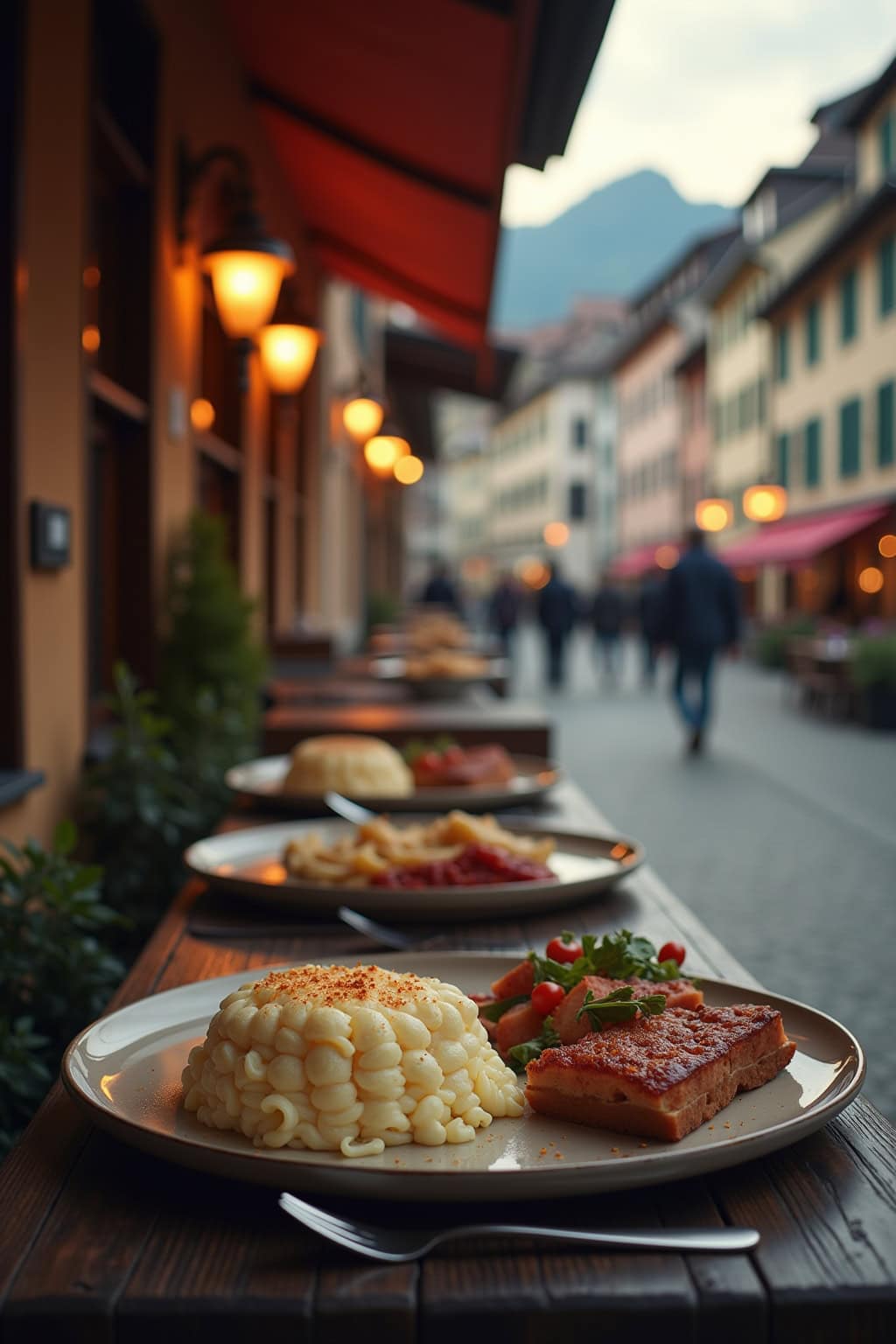 Gemütliche europäische Altstadt mit Kirche, abendliche Szenen, beleuchtete Fassaden und Straßencafé.