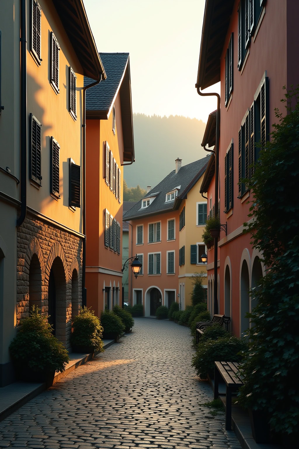 Altstadt mit historischen Fachwerkhäusern und der Kirche im Hintergrund bei Sonnenuntergang.