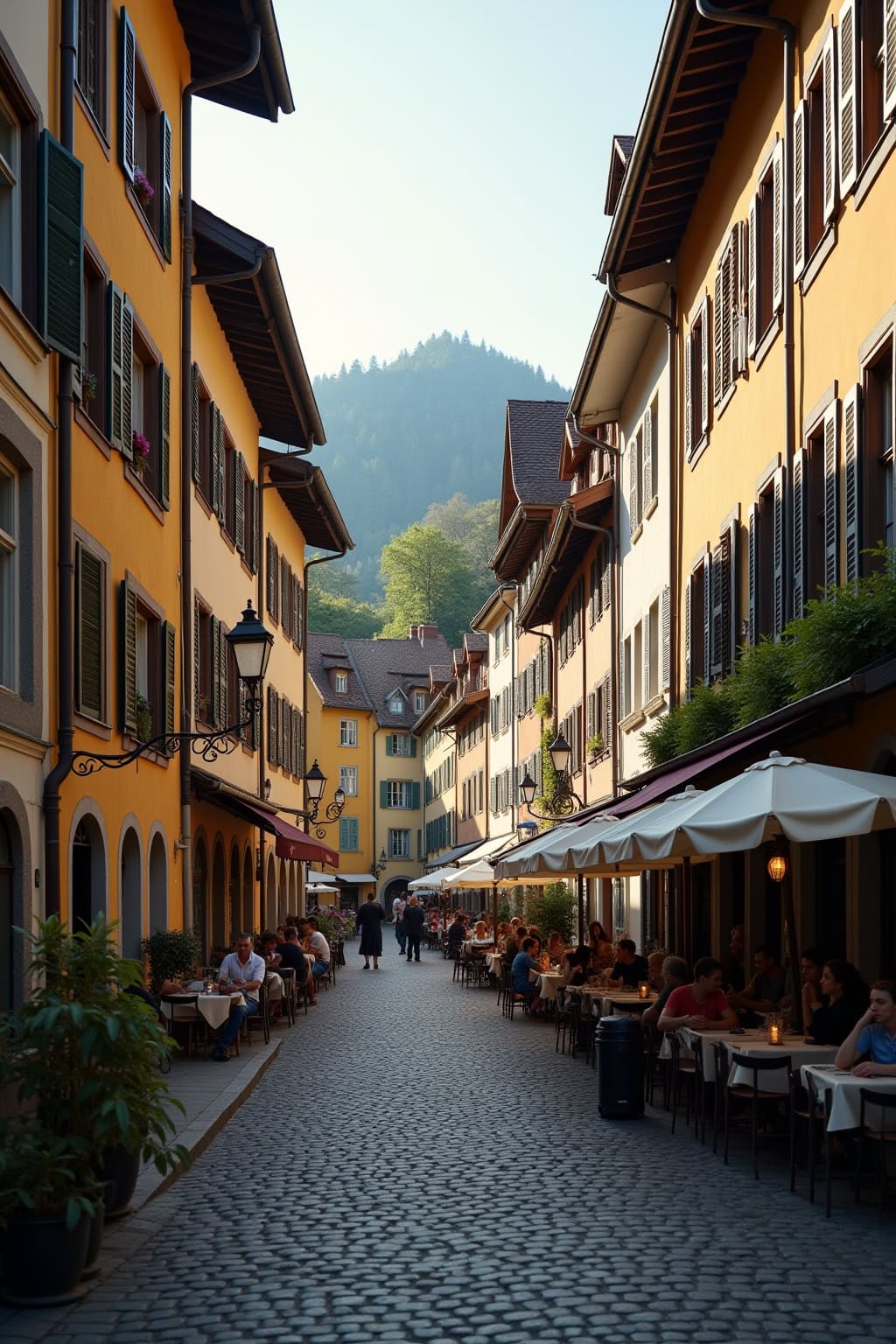 Historische Altstadt mit privaten und touristischen Aktivitäten, charmante Fassaden und ein Berg im Hintergrund.