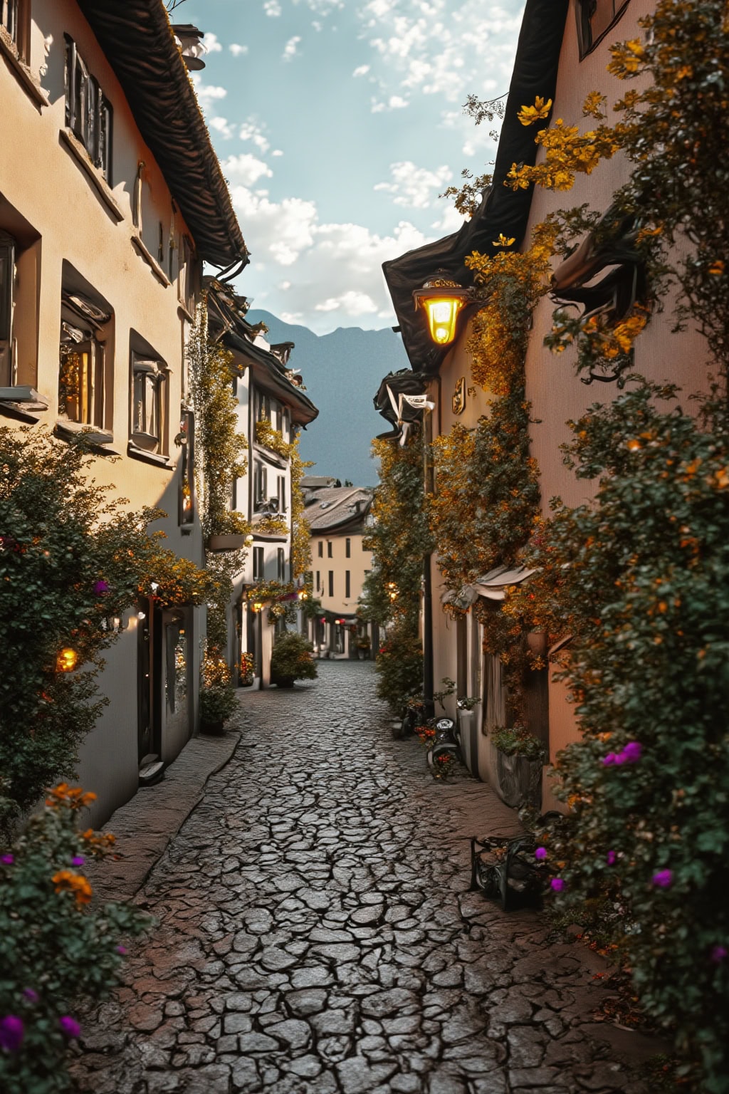 Bilder von einer malerischen Altstadt mit charmanten Fachwerkhäusern und einer gotischen Kirche im Hintergrund bei Sonnenuntergang.