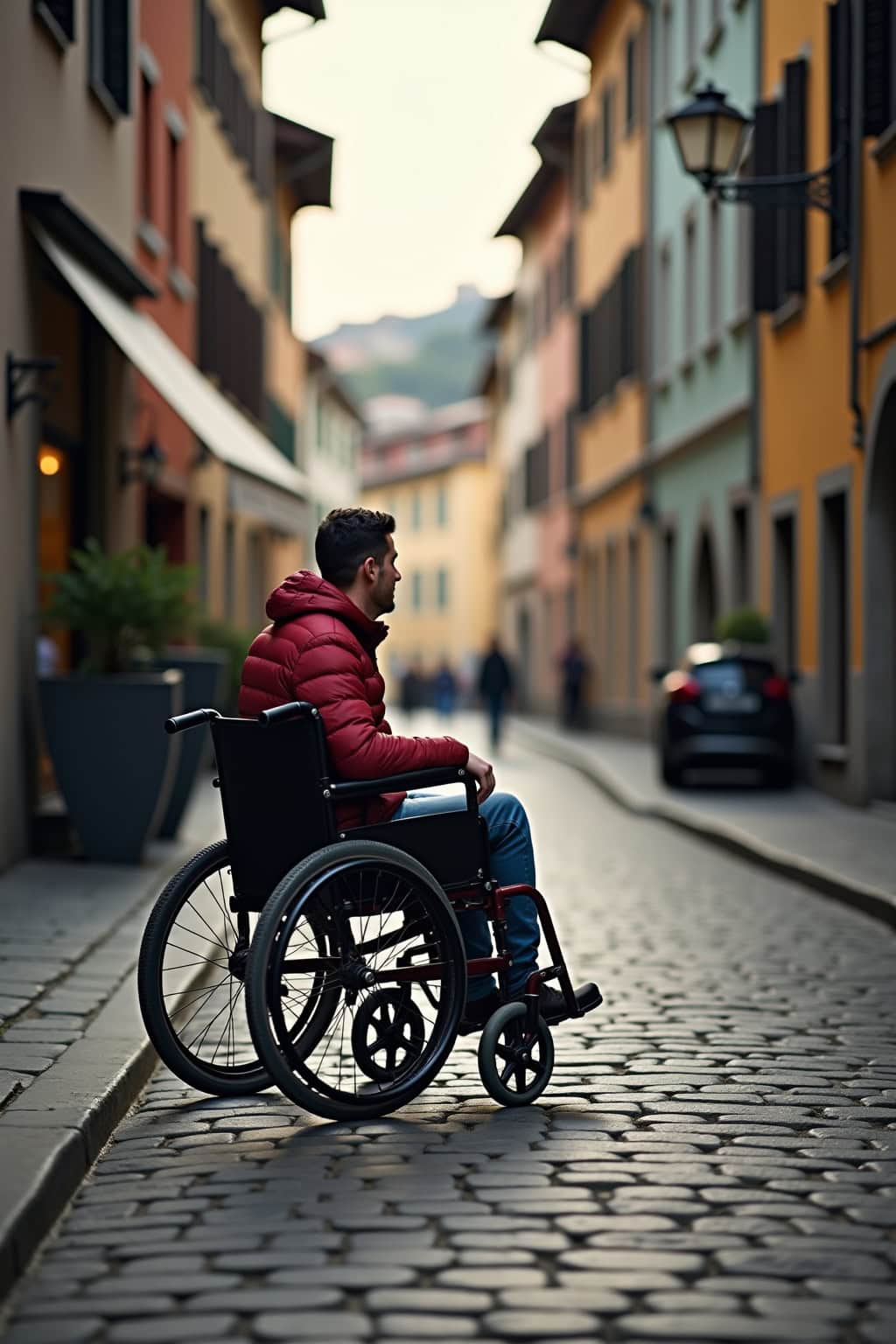 Barrierefreier Blick auf die malerische Altstadt mit Kirche, gemütliches Stadtbild, Einblick in historische Atmosphäre.