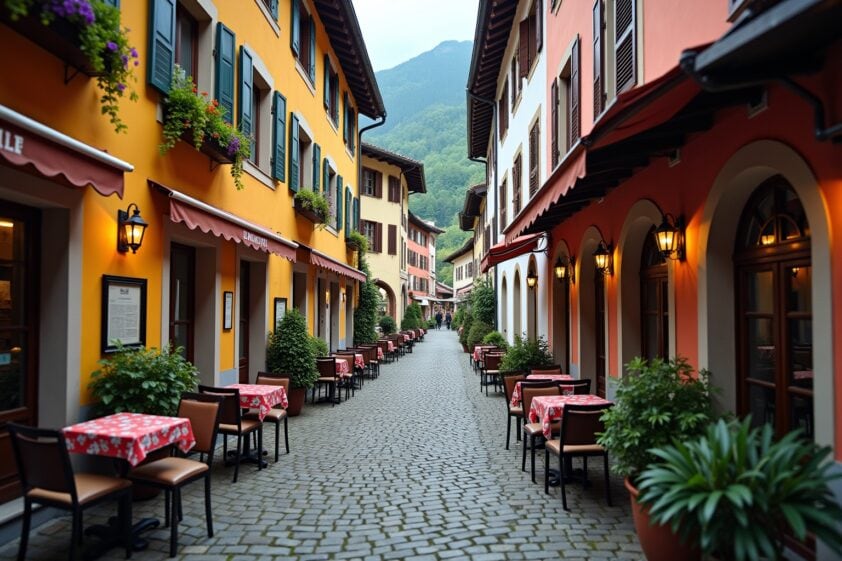 Helle farbige Häuser mit Balkonen und Blumen, gemütliche Terrasse, historische Kirche im Hintergrund, idyllische Atmosphäre.