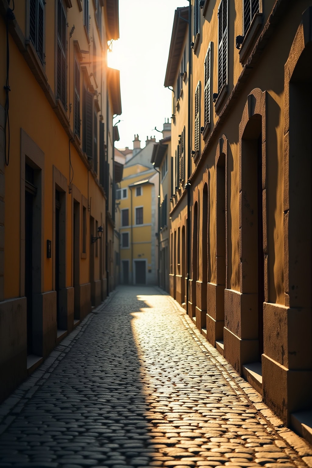 Schmale Gasse in der Altstadt mit historischen Gebäuden, Sonnenlicht und Schatten.