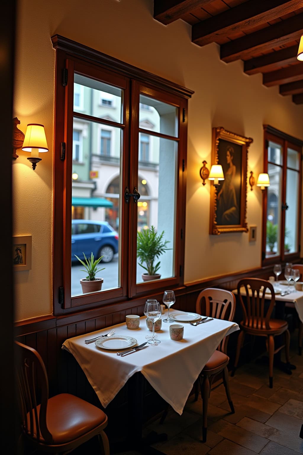 Historisches Restaurant in der Altstadt mit Blick auf die Kirche, warme Atmosphäre, gepflegte Einrichtung.