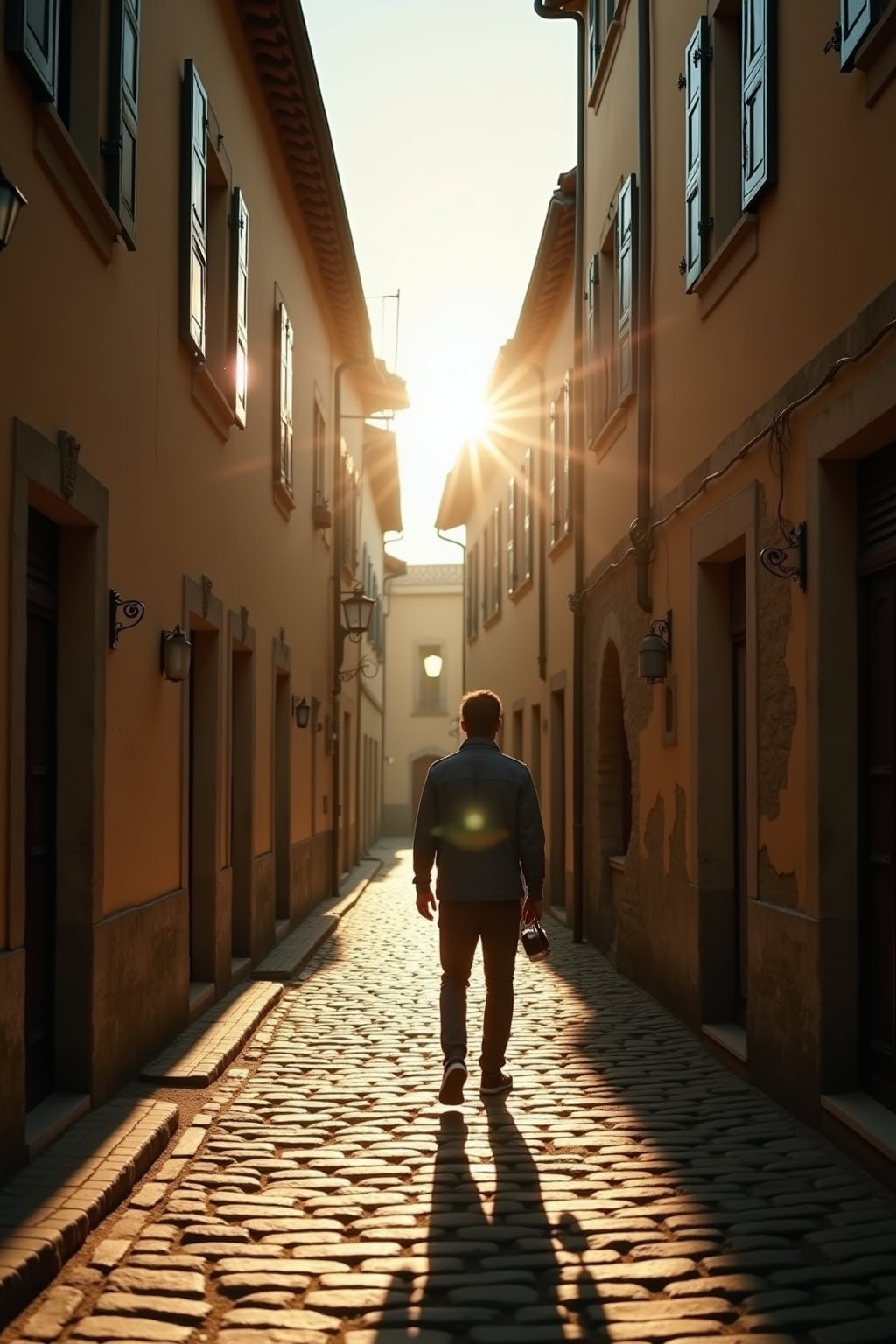 Altstadt mit historischer Kirche und engen Gassen, Sonnenlicht im Abendlicht, Platz für Spaziergänge, Kultur und Geschichte entdecken.