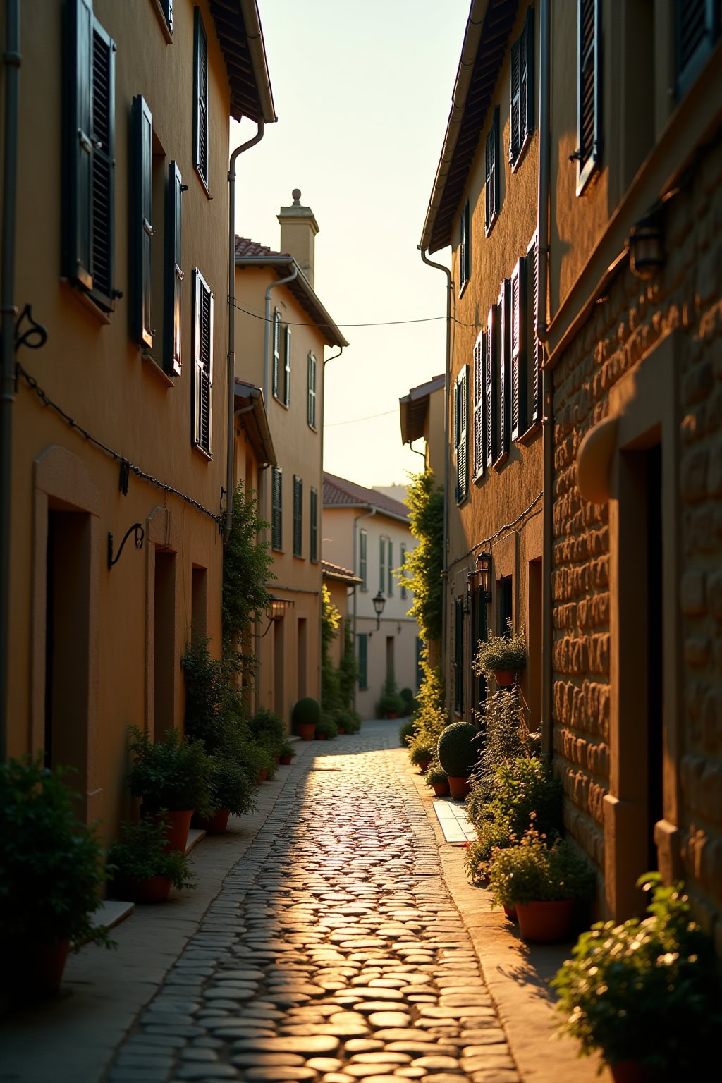 Altstadt mit Kirche in malerischer Gassenansicht, typisch italienische Häuser mit Fensterläden.
