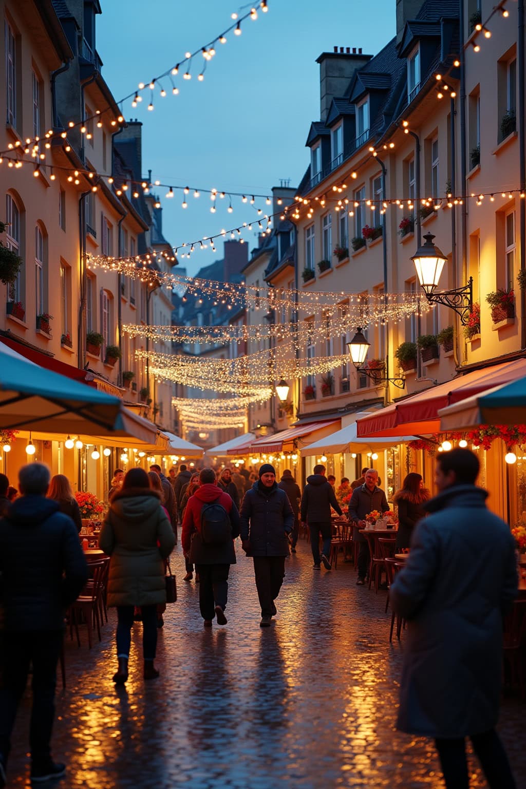 Altstadt mit Kirche bei nächtlicher Beleuchtung in der Dämmerung.