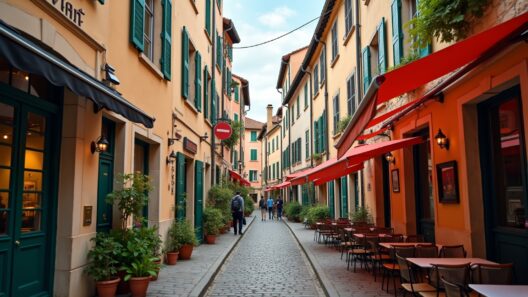 Charmante Altstadt mit Kirche, historische Gebäude und gemütliche Cafés in malerischer Umgebung.
