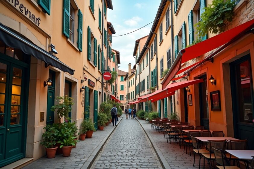 Charmante Altstadt mit Kirche, historische Gebäude und gemütliche Cafés in malerischer Umgebung.