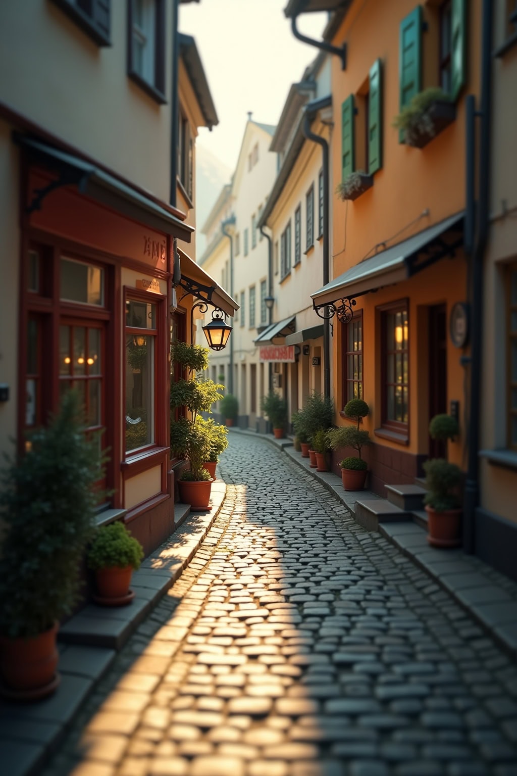 Pastellfarbene Fachwerkhäuser in der Altstadt, gepflasterte Gasse, charmante Atmosphäre.