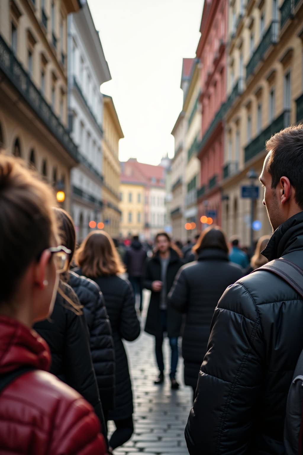 Menschenmenge in der Altstadt, umgeben von historischen Gebäuden mit bunter Fassadengestaltung.