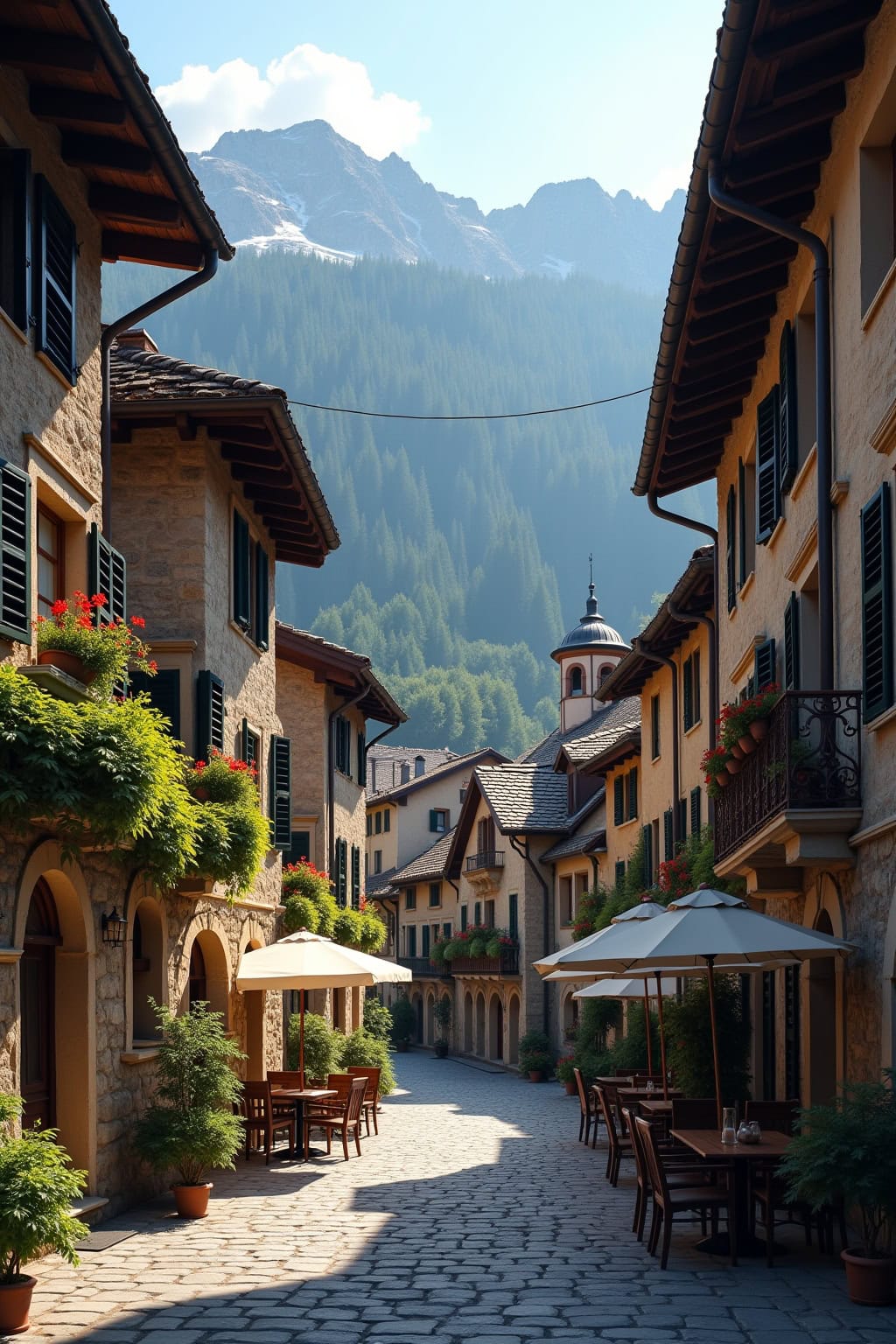 Altstadt mit Kirche, malerischer Blick auf Bergkulisse, historische Gebäude, Restaurantterrassen, Flora.