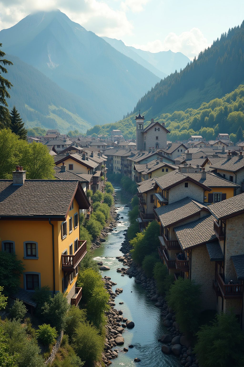 Gemütliche italienische Alpenstadt mit Kirche und Fluss, umgeben von grünen Bergen und malerischer Landschaft.