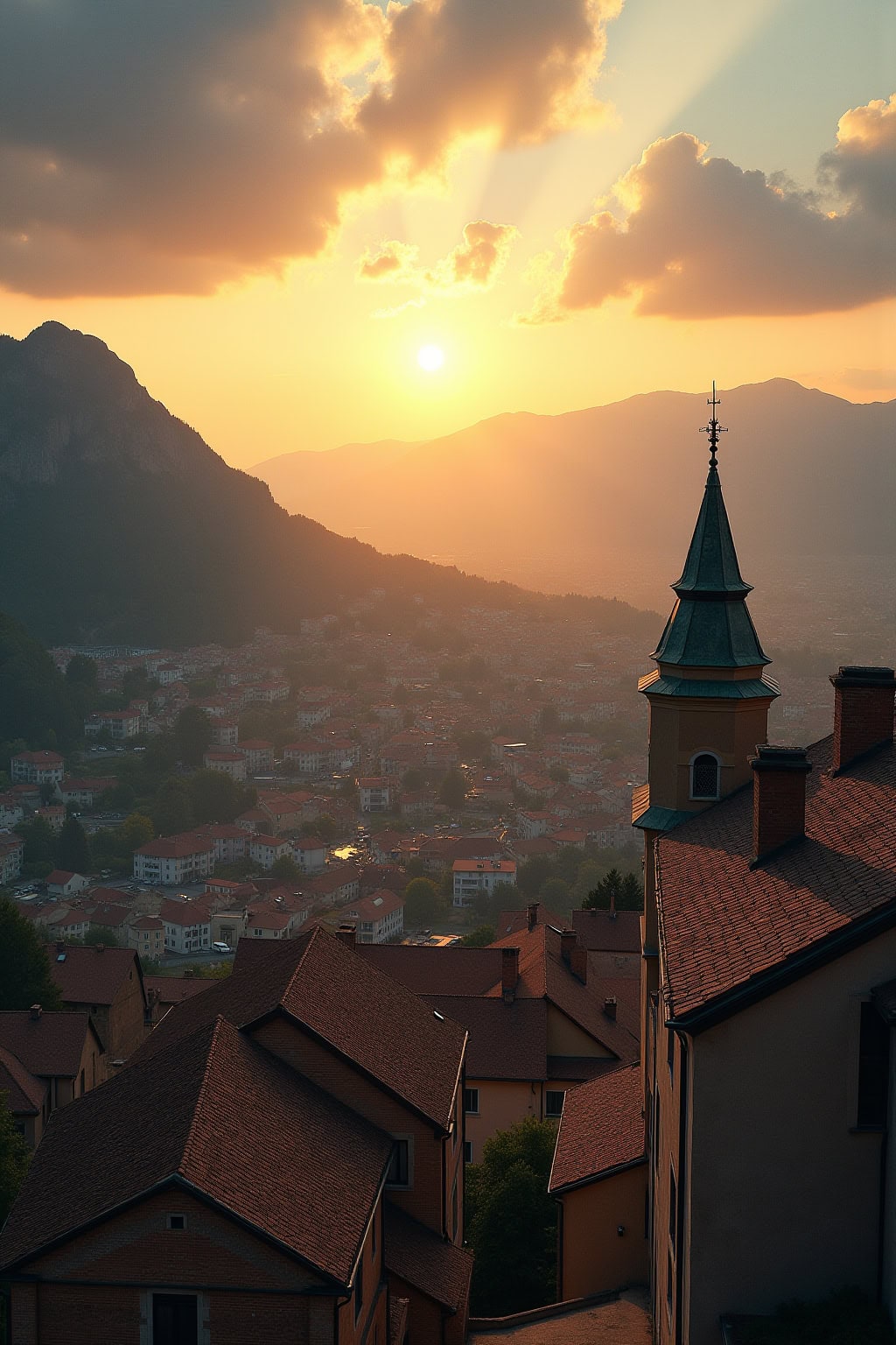 Detailliertes Bild der Altstadt mit Kirchturm und eindrucksvollem Sonnenuntergang im Hintergrund.