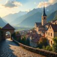 Historische Altstadt mit Kirche in den Bergen, umgeben von Alpen, mit charmanten Fachwerkhäusern, Natur & beeindruckender Bergkulisse.