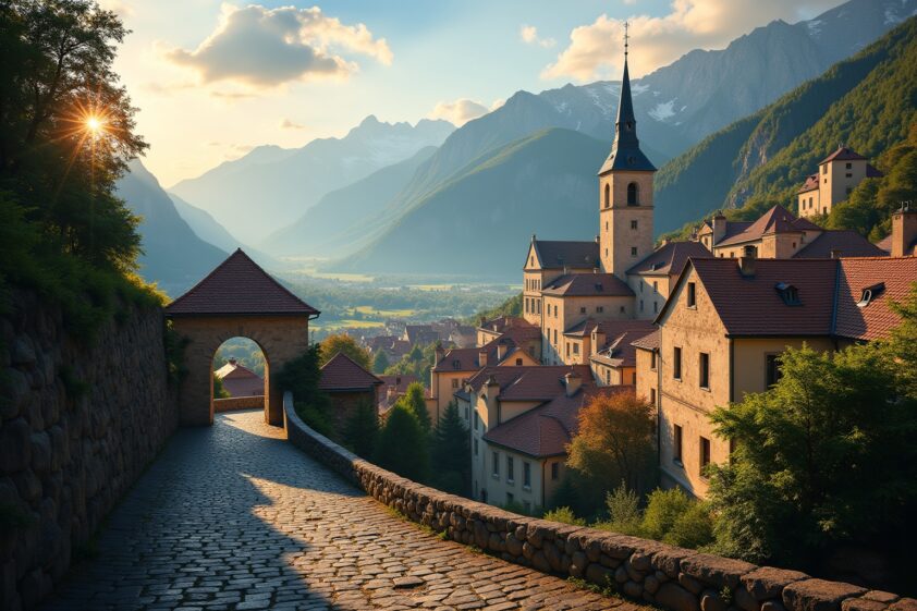 Historische Altstadt mit Kirche in den Bergen, umgeben von Alpen, mit charmanten Fachwerkhäusern, Natur & beeindruckender Bergkulisse.