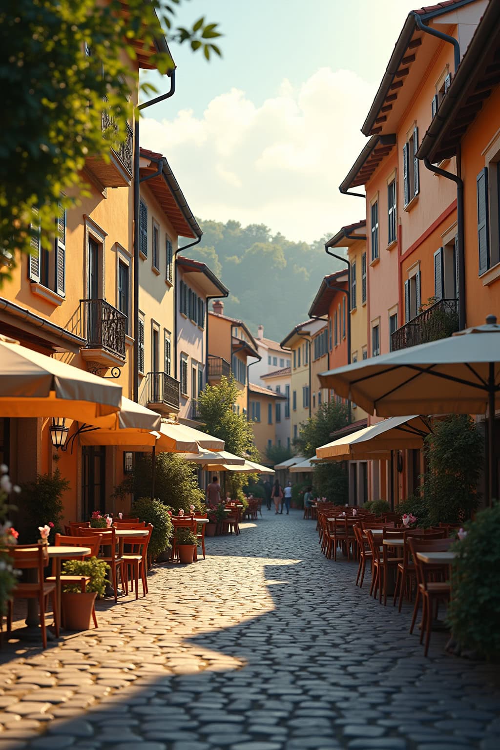 Bunte Altstadt mit charmanten Cafés, umgeben von historischen Gebäuden und einer malerischen Kirche im Hintergrund.