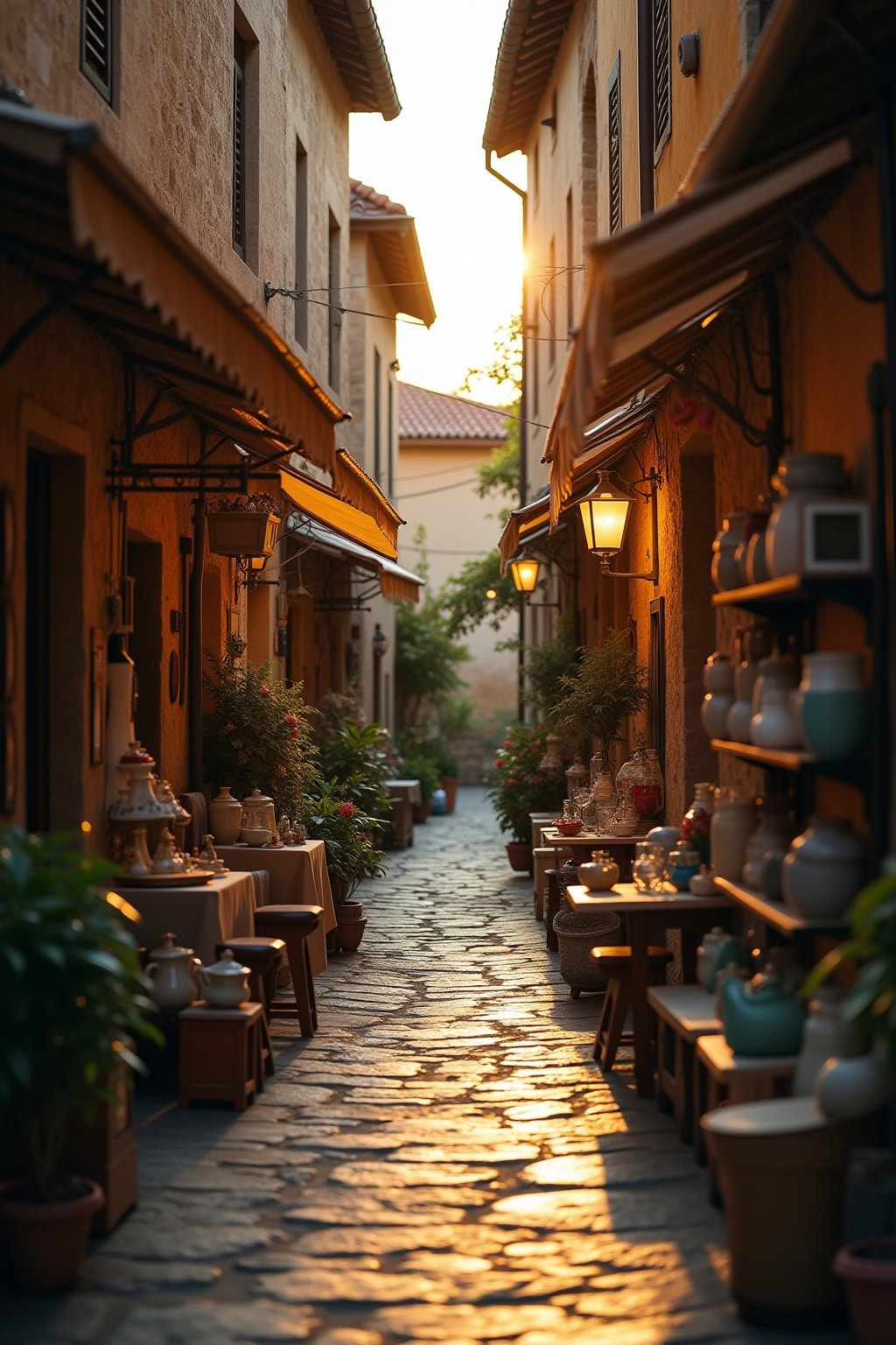 Altstadt mit Kirche, abendliche Atmosphäre, enge Gassen, historische Architektur, charmante Einkaufsmöglichkeiten.