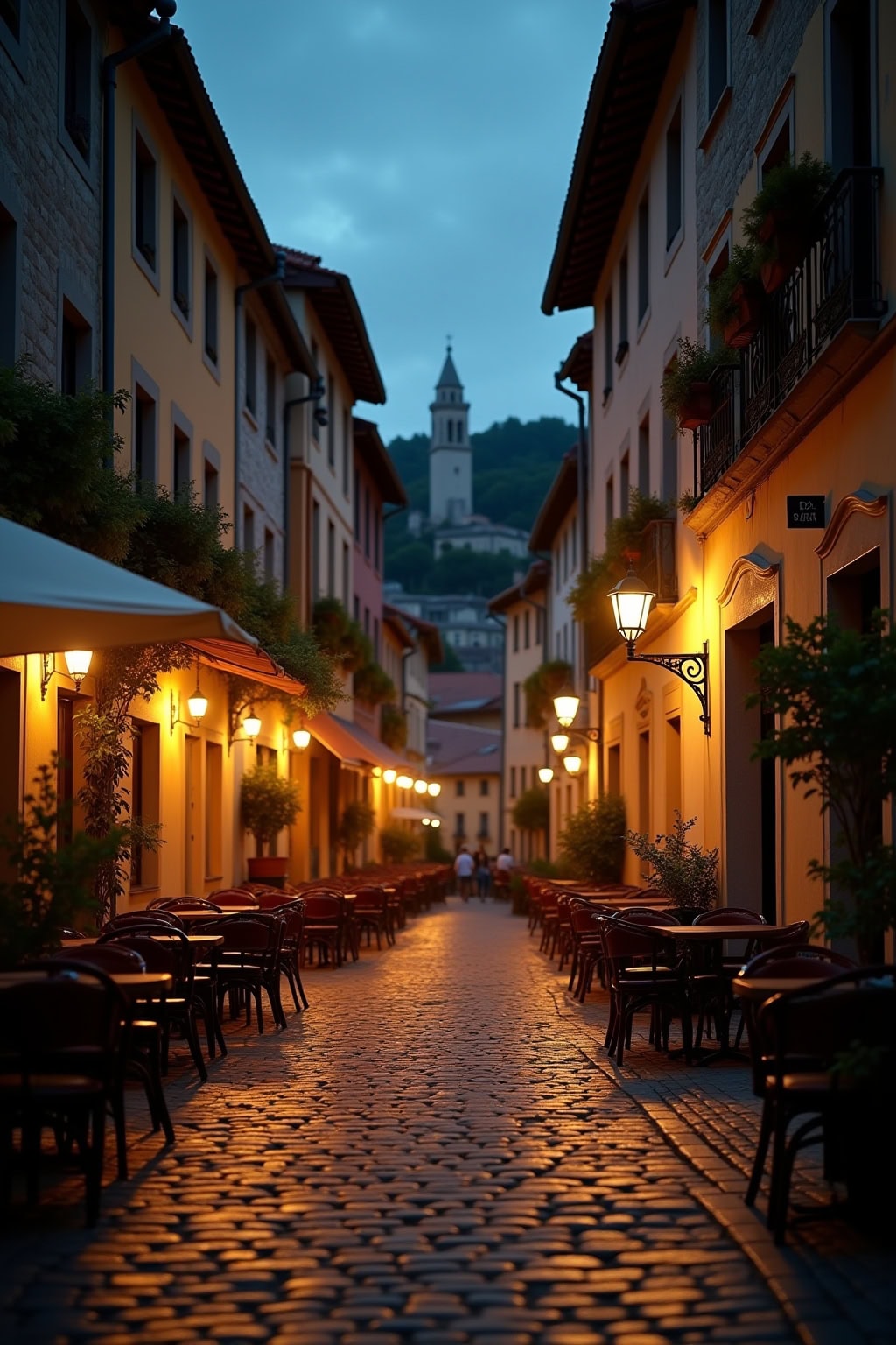 Schöne Altstadt mit Kirche bei Nacht, gemütliche Atmosphäre und historische Architektur in Deutschland.