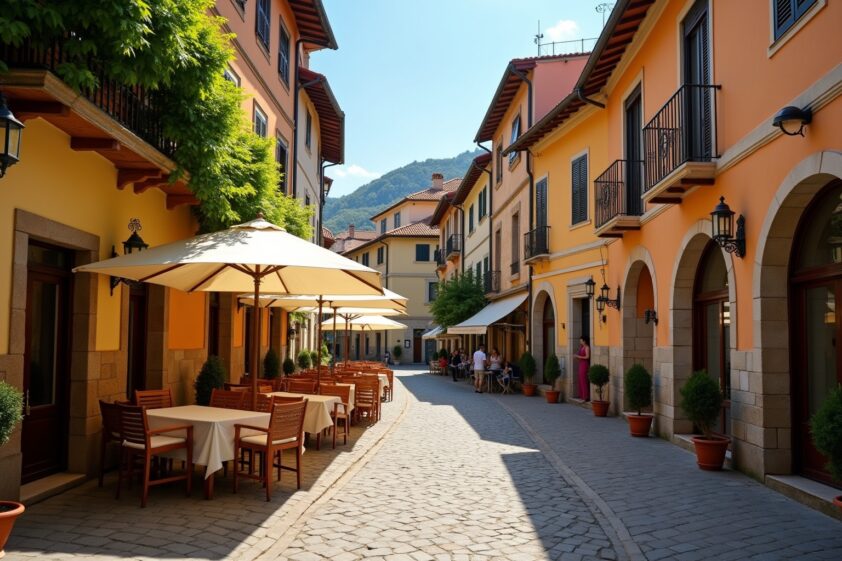 Stimmungsvolle Altstadt mit Kirche, malerischer Blick auf gemütliche Cafés und historische Fassaden.