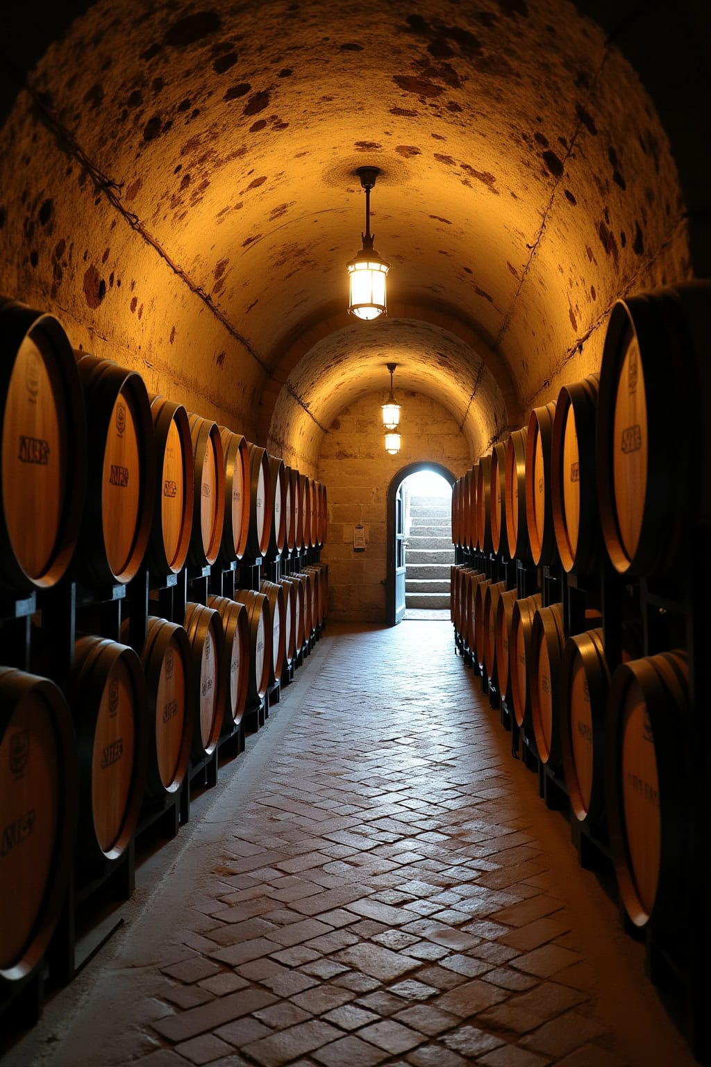 Weinkeller mit Weinreben-Abfüllung in Holzfässern.