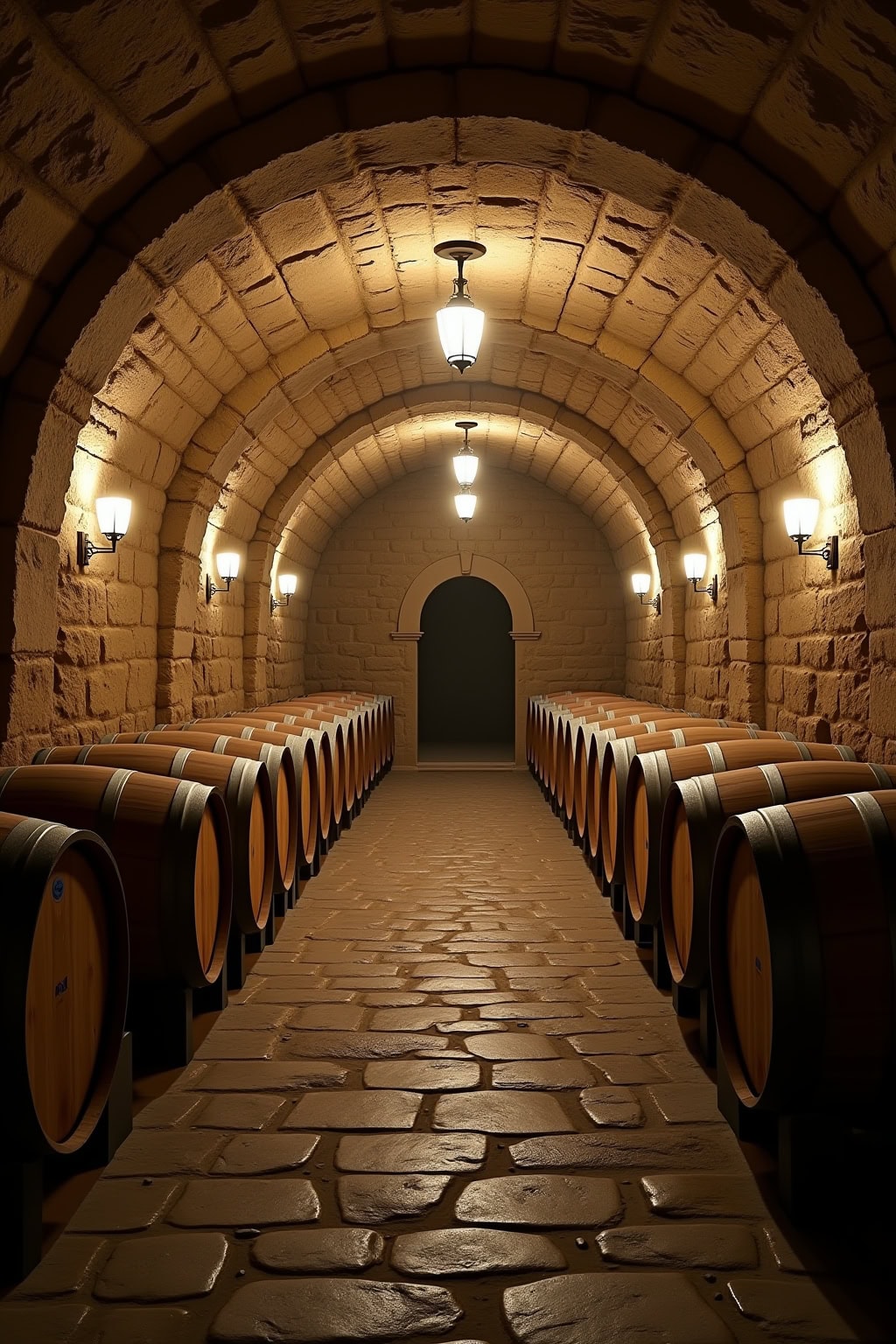 Weinlagerung in der Altstadt mit Kirche: Historischer Keller mit Holztanks und warmem Licht.