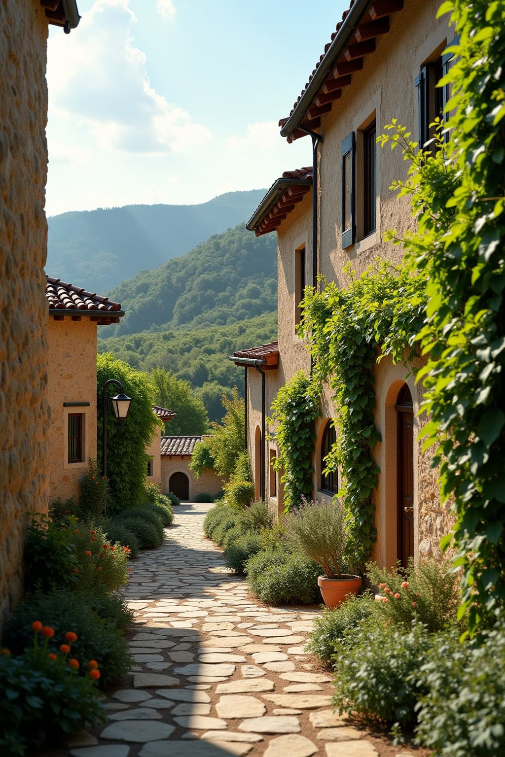 Charmantes Dorf mit historischem Kirchengebäude in der Altstadt, umgeben von grünen Bergen, perfekt für Besucher und Kulturinteressierte.