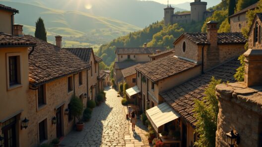 Alte europäische Altstadt mit traditionellem Kirchenbau, charmanten Gassen und malerischer Bergkulisse.