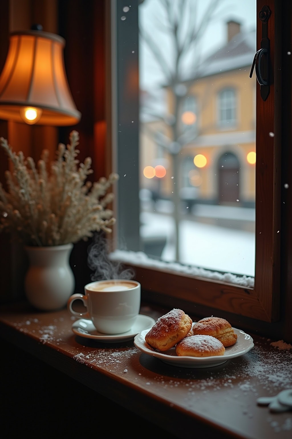 Alte Kirche in der Altstadt bei winterlichem Ambiente, Blick durch das Fenster mit Schneefall.