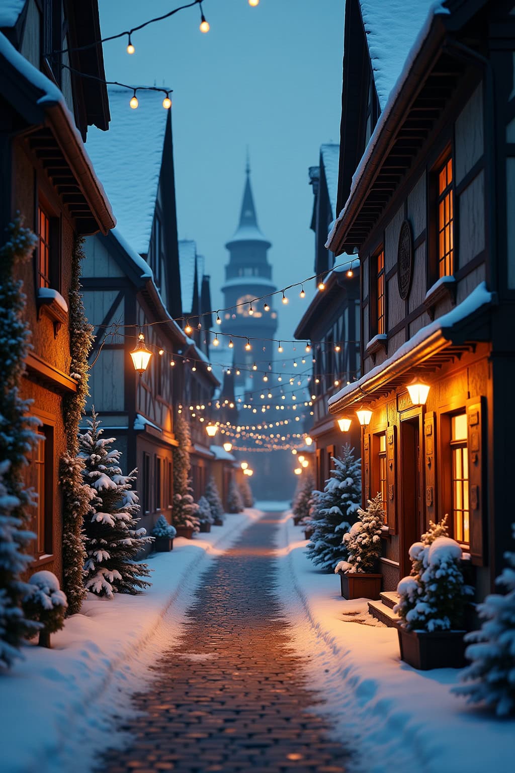 Alte Stadt mit Kirche im Winter, beleuchtete Fassaden, Schneehäuser, winterliche Atmosphäre.
