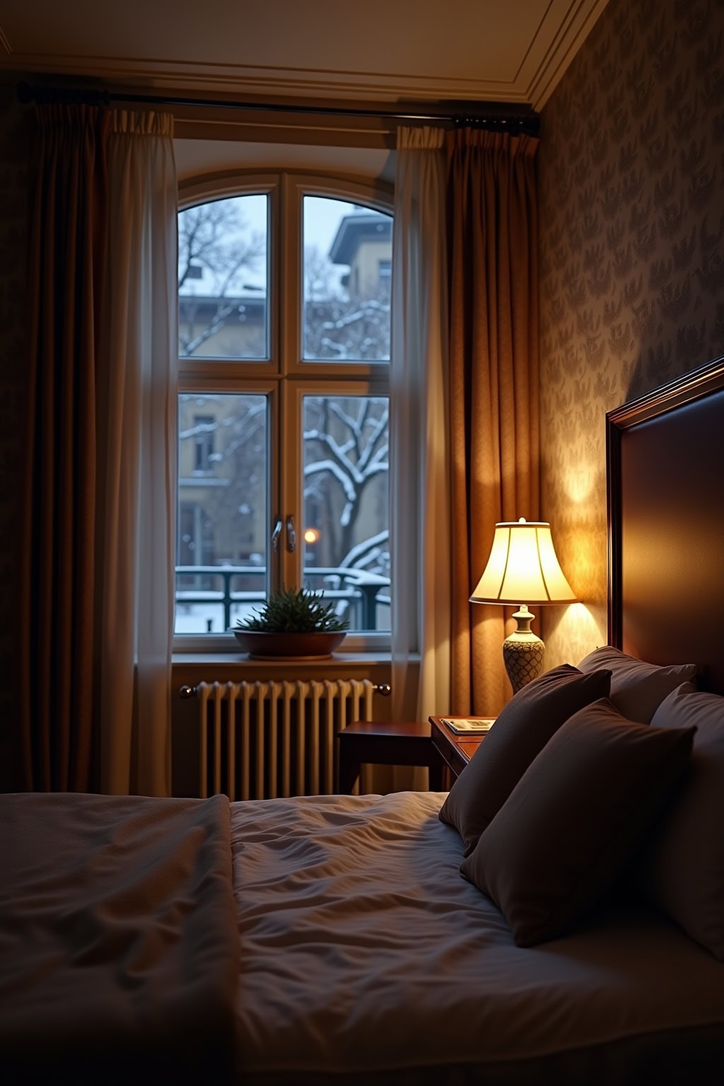 Gemütliches Zimmer mit Blick auf winterliche Stadt, warme Beleuchtung, komfortables Bett.