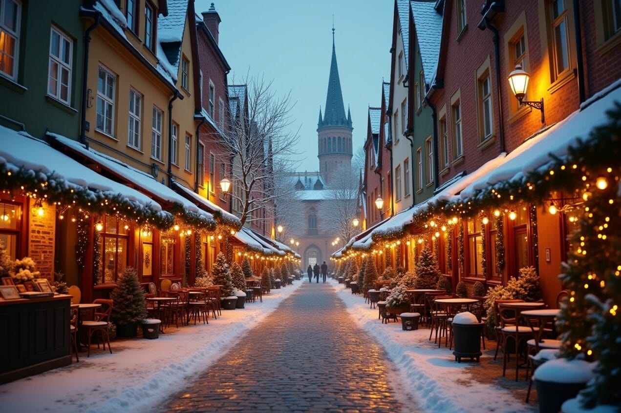 Gemütliche Altstadt mit Kirche, festliche Weihnachtsbeleuchtung, Schneebedeckte Fachwerkhäuser, romantische Winterstimmung, historische Architektur.
