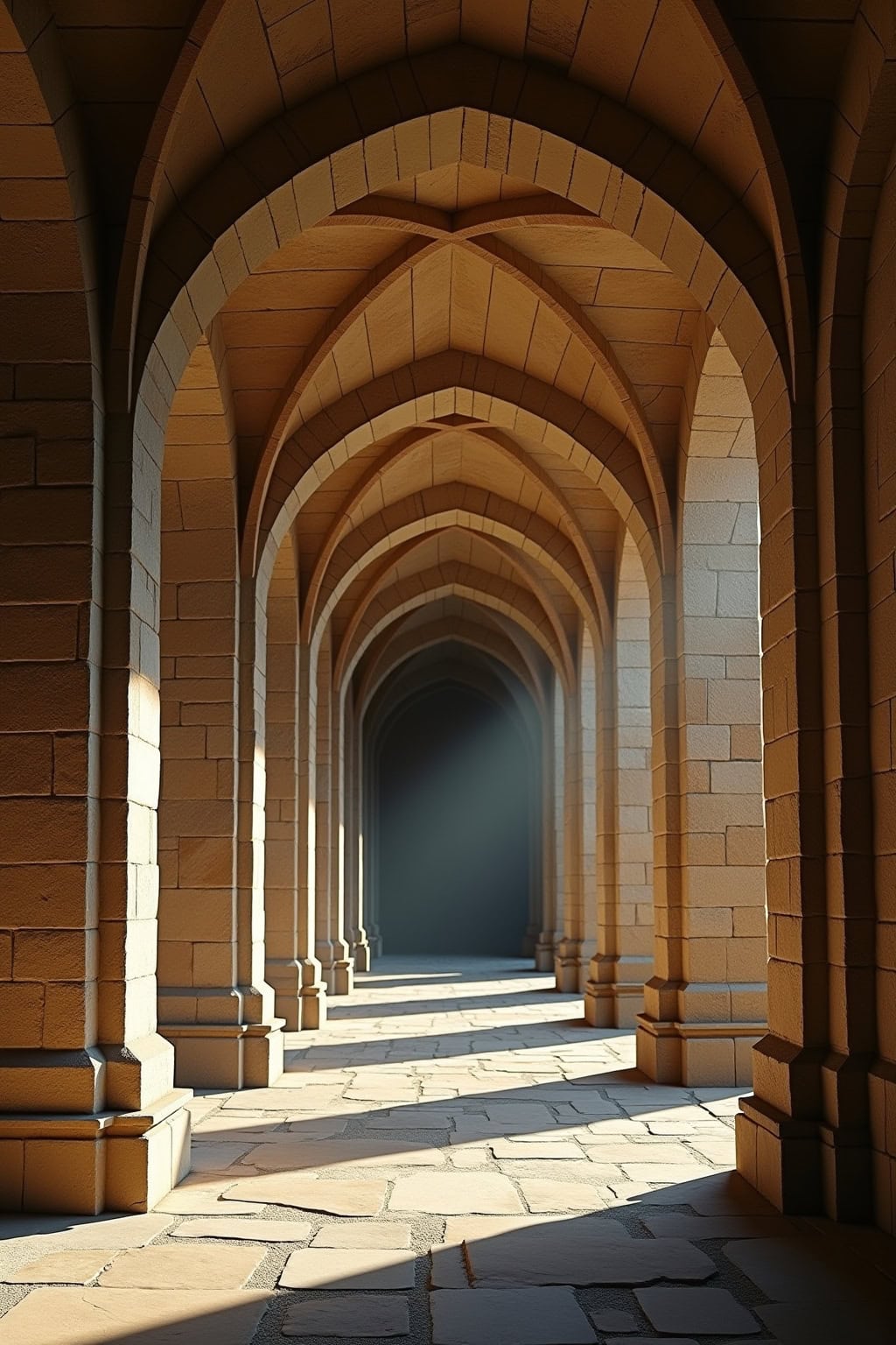Historische Altstadt mit gotischer Kirche und Arkaden in der warmen Sonnenlicht-Ansicht.