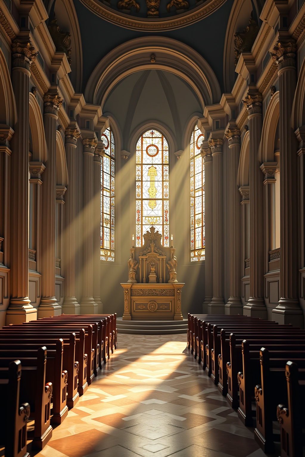 Helles Innere einer barocken Kirche mit großen Fenstern und Sonnenlicht.