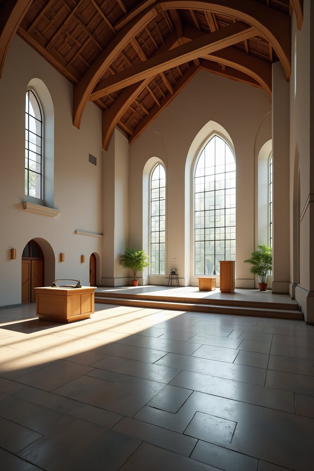 Hochformat der Inneren Kirche mit großen Fenstern, Holzdecke, Pflanzendekor und Altarbereich.