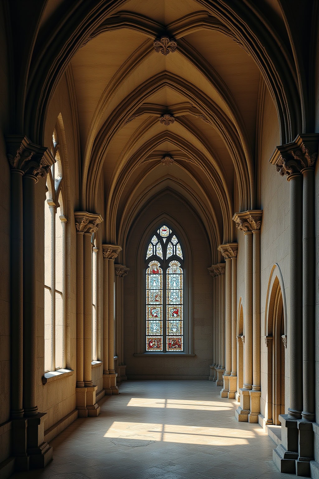 Historischer gotischer Kircheninnenraum mit Licht durch bunte Glasfenster. Atemberaubendes Kirchenportal, beeindruckende Architektur.