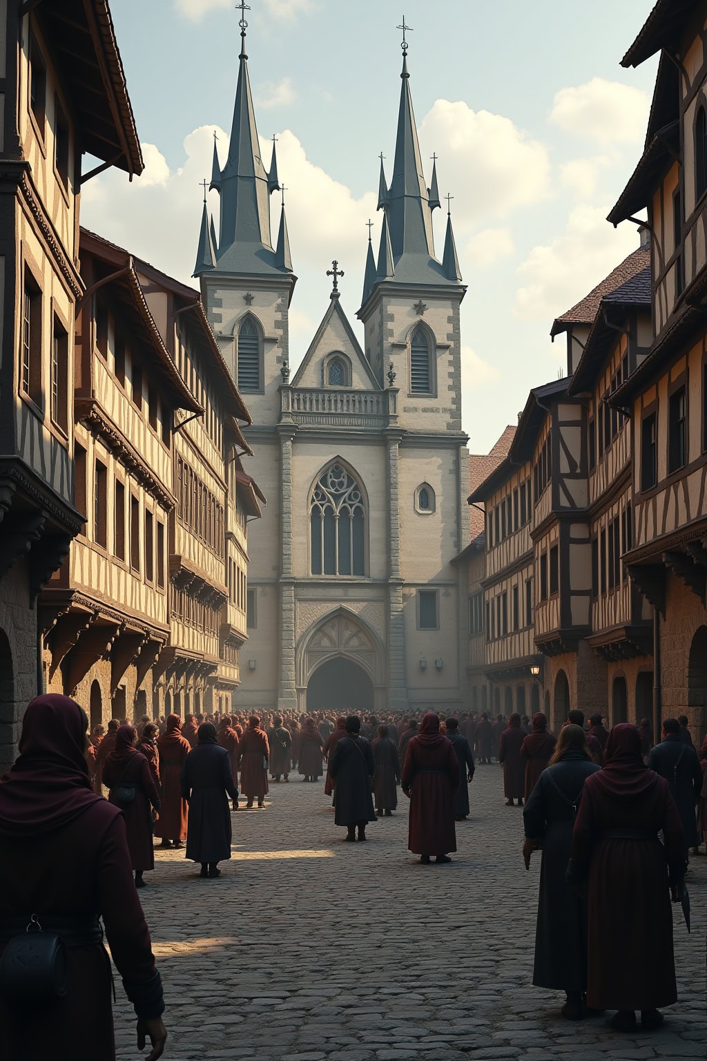 Historische Altstadt mit gotischer Kirche, umgeben von Fachwerkhäusern im mittelalterlichen Stil.