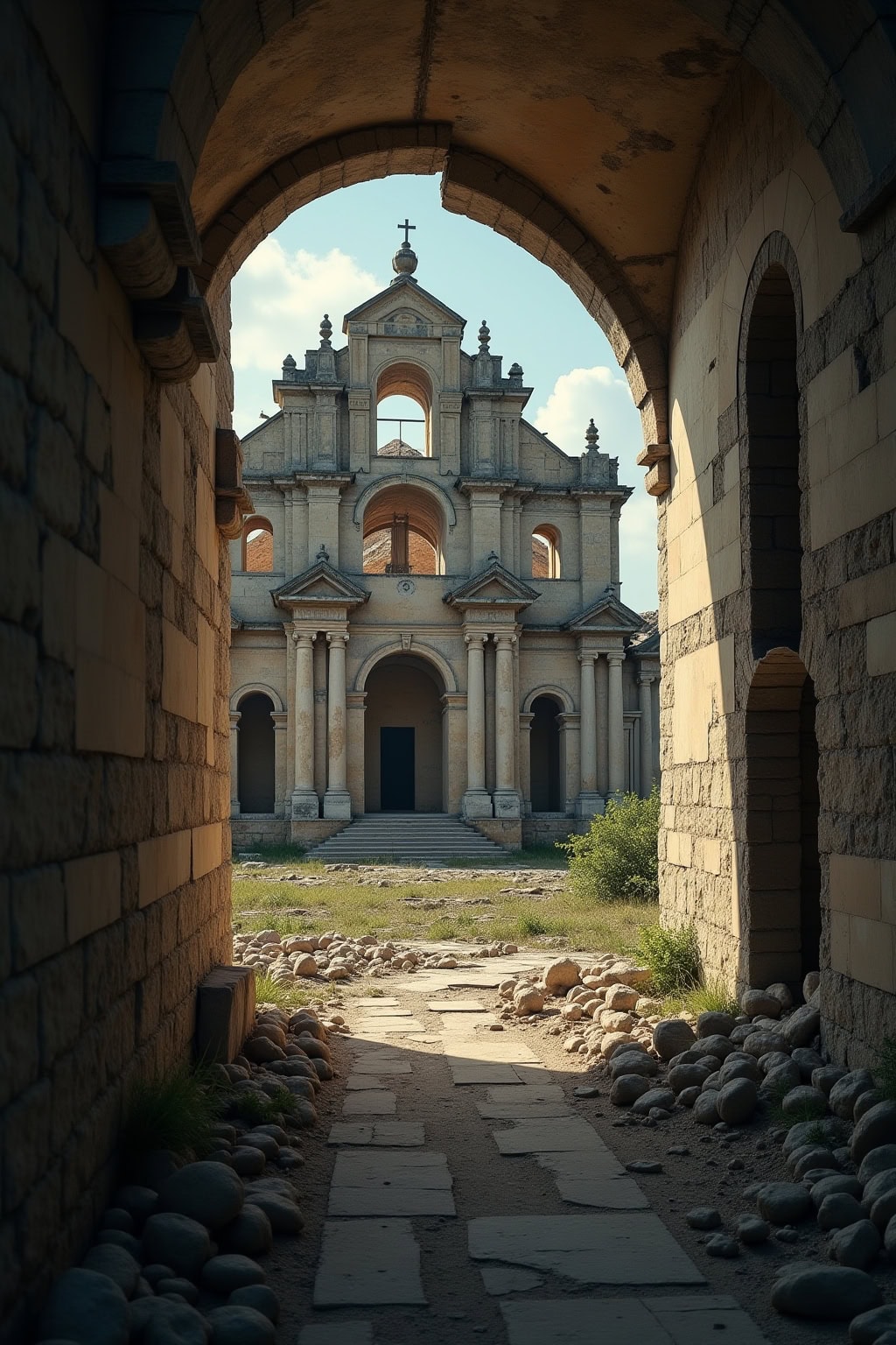 Historische Altstadt mit beeindruckender Kirche, Blick durch Torbogen, byzantinische Architektur, Tourismus, Kultur, Sehenswürdigkeit.