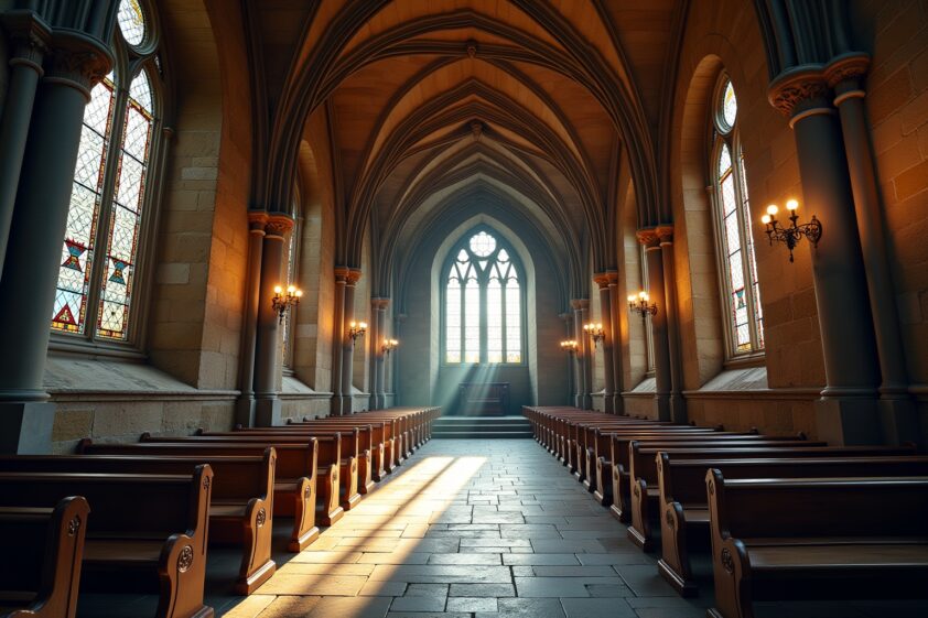 Helle Sonnenstrahlen fallen durch die bunten Kirchenfenster in den mittelalterlichen Innenraum der historischen Kirche in der Altstadt.