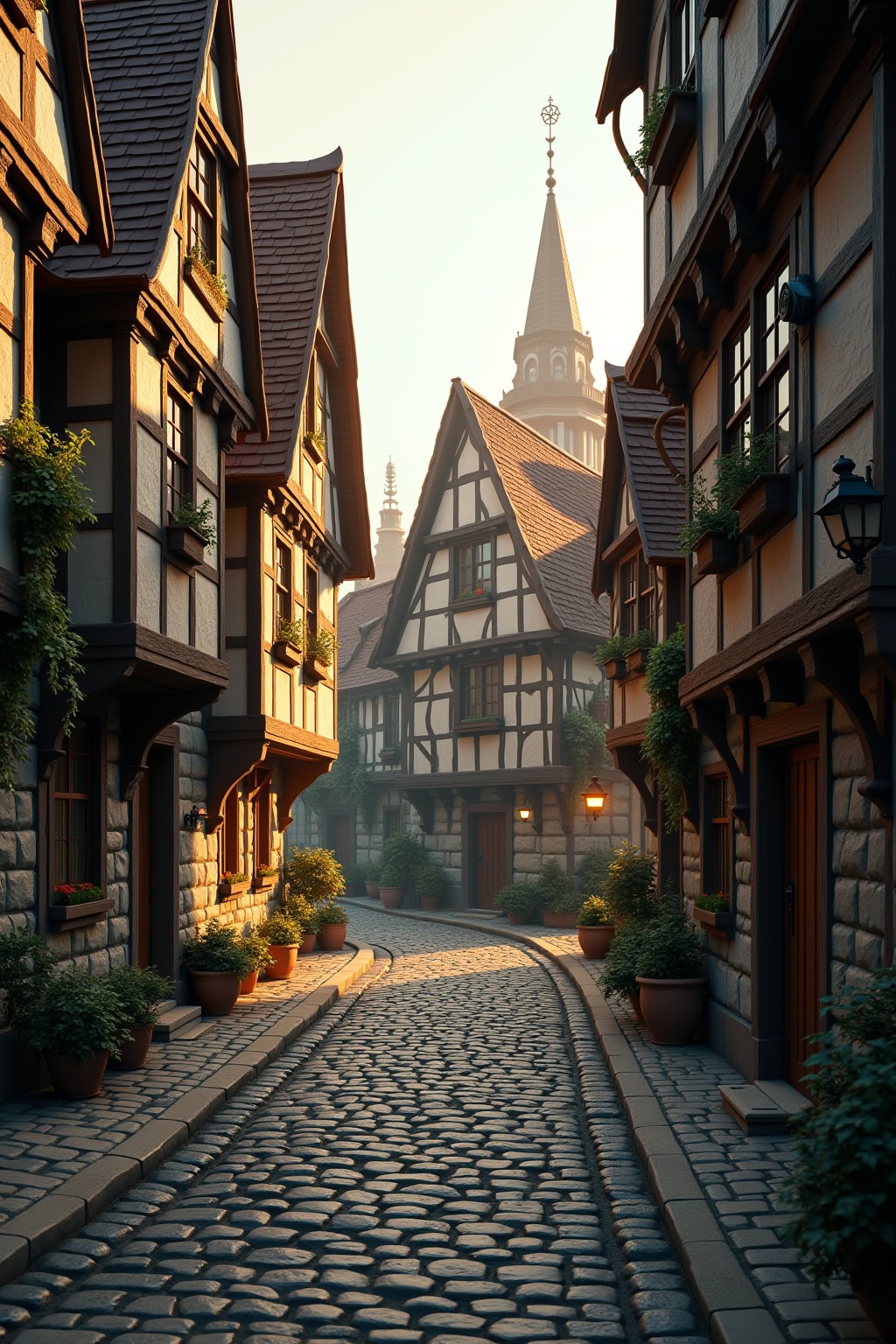 Altstadt mit Kirche, malerisches Fachwerkhaus, enge Pflasterstraße, historische Stadt, Sehenswürdigkeit, Sonnenstrahlen, grüne Pflanzen, schöne Atmosphäre.