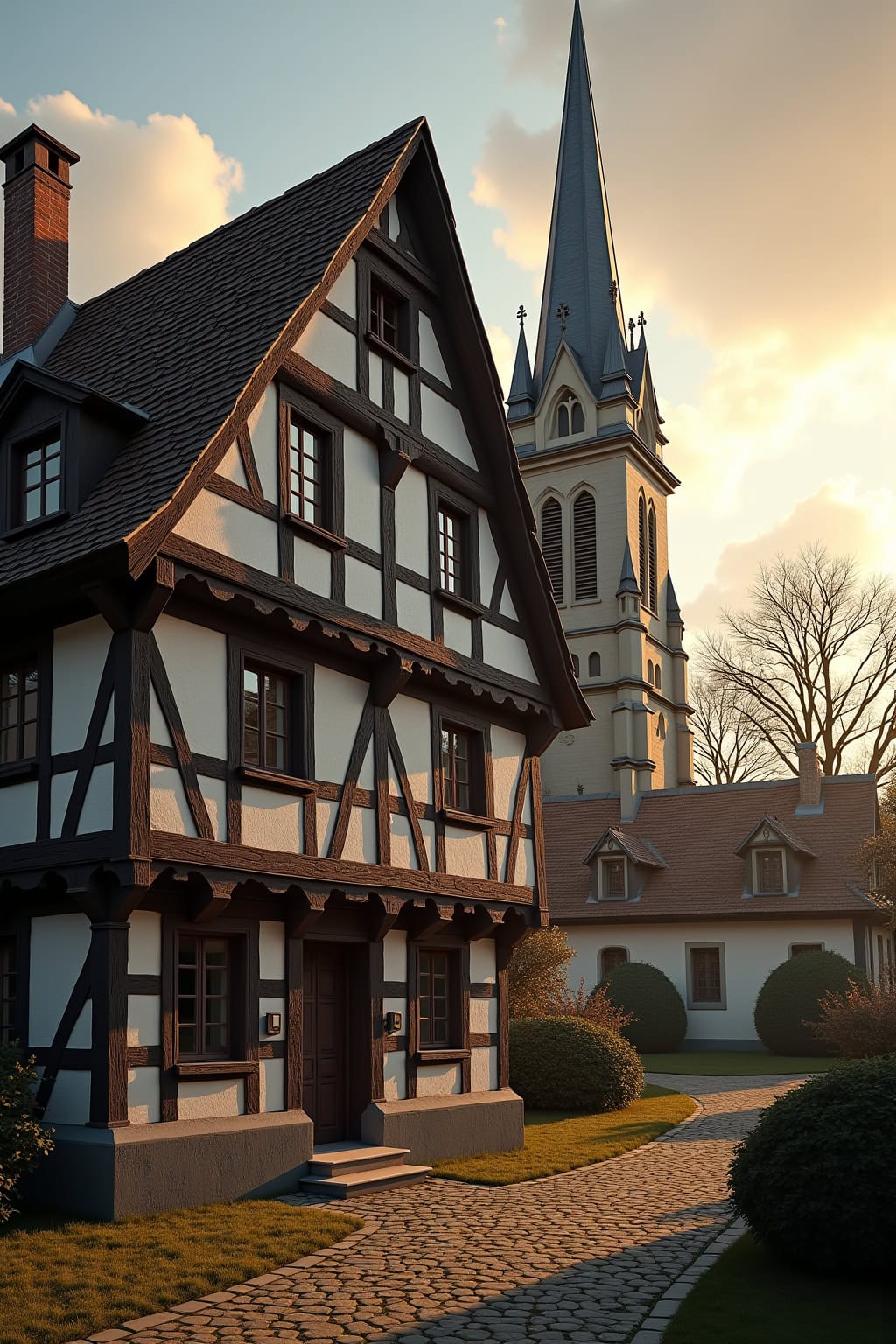 Historische Fachwerkhäuser und gotische Kirche in der Altstadt bei Sonnenuntergang, schön gepflegte Gärten und gepflasterte Wege.