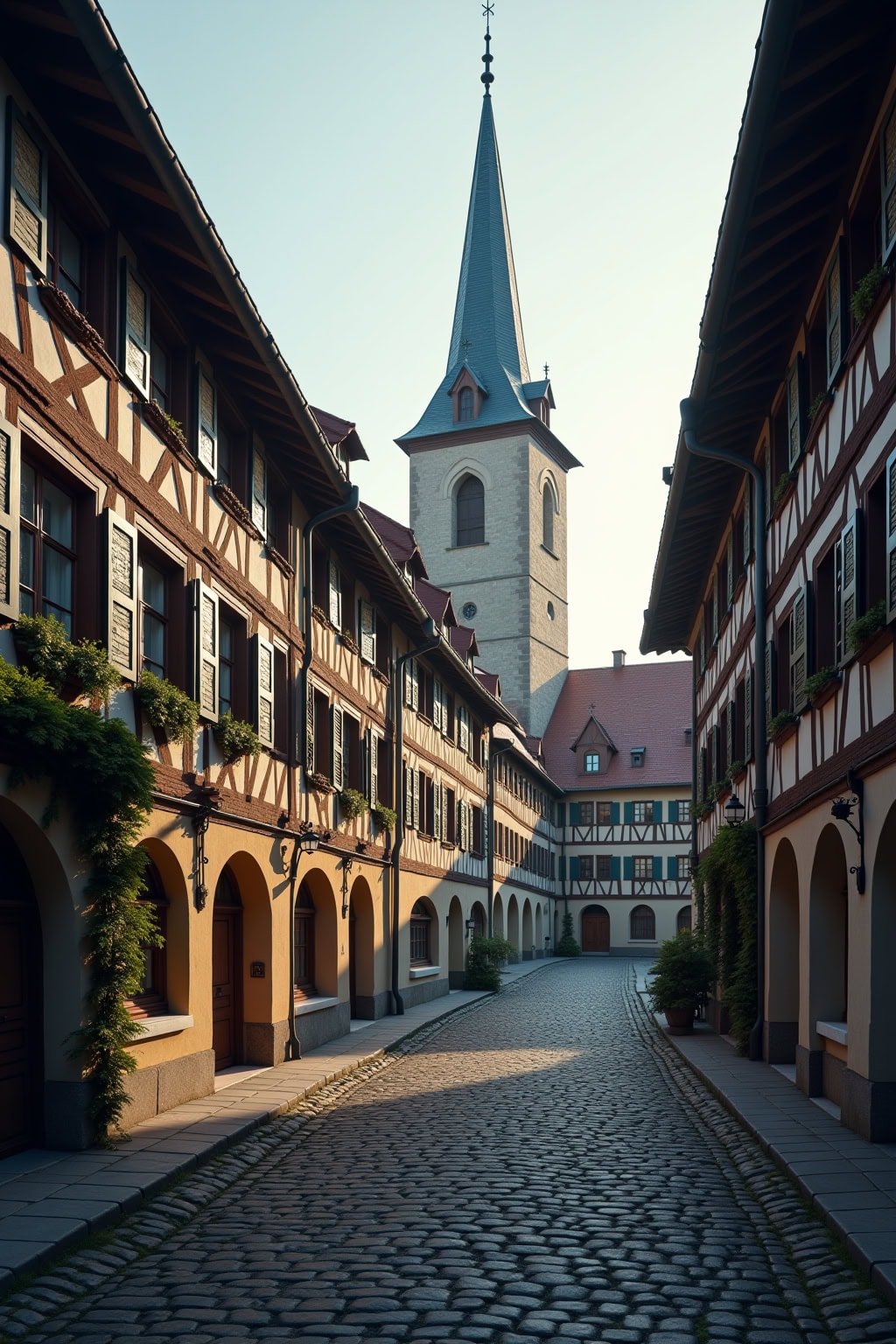 Historische Fachwerkhäuser und gotischer Kirchturm in der Altstadt.