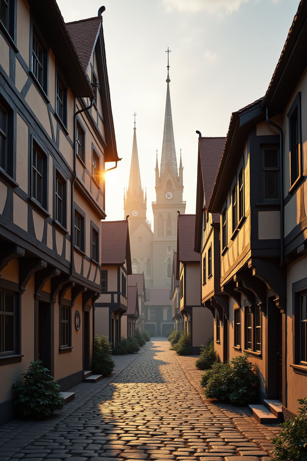 Historische Altstadt mit Fachwerkhäusern und Blick auf die prächtige Kirche bei Sonnenaufgang, charmantes deutsches Stadtbild.